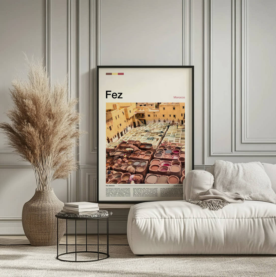 Fez Tannery Dye Pits Travel Print framed on the wall of a calm, neutral bedroom