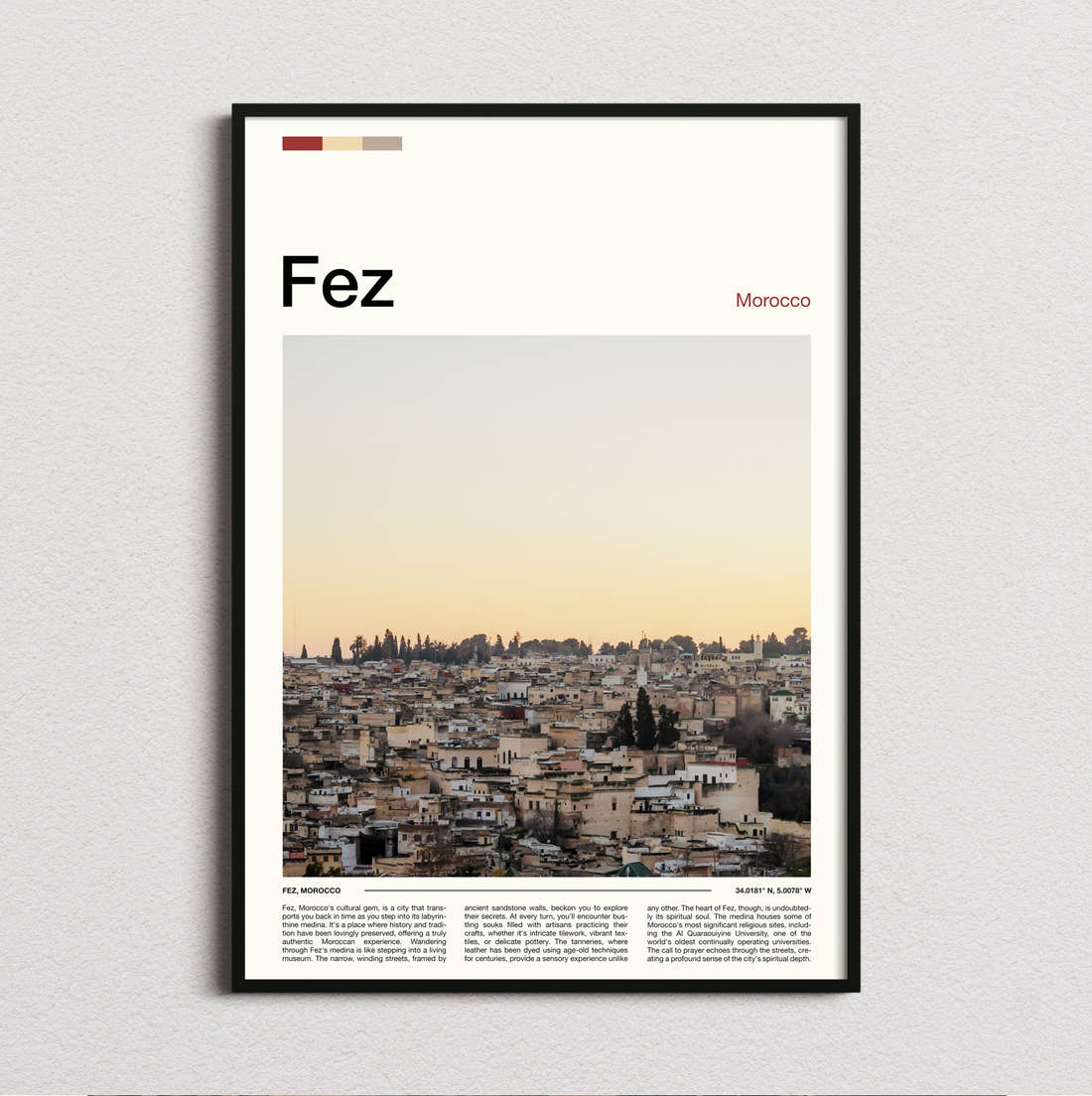 Fez Hazy City View Travel Print framed and photographed straight on