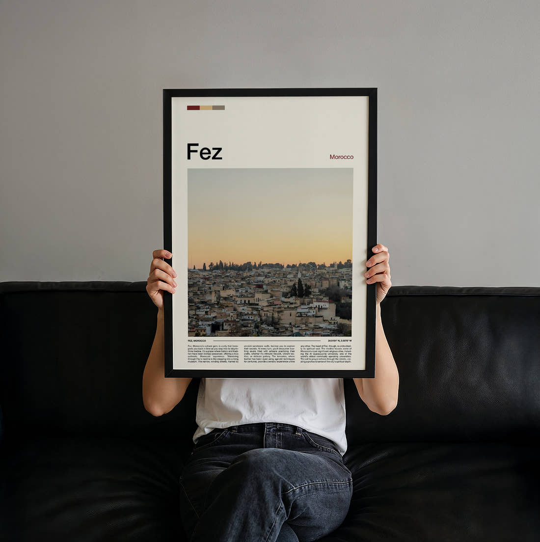 Fez Hazy City View Travel Print held up by hand to show the size of the print