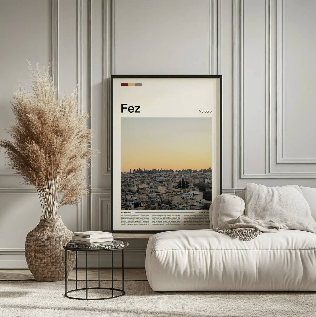 Fez Hazy City View Travel Print framed on the wall of a calm, neutral bedroom
