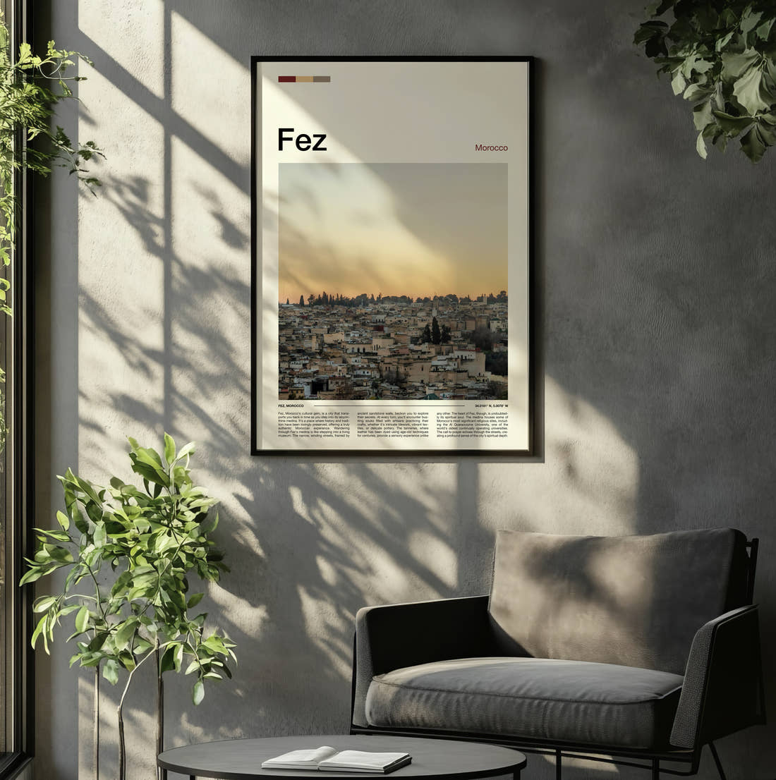 Fez Hazy City View Travel Print framed on the wall of a relaxed living room