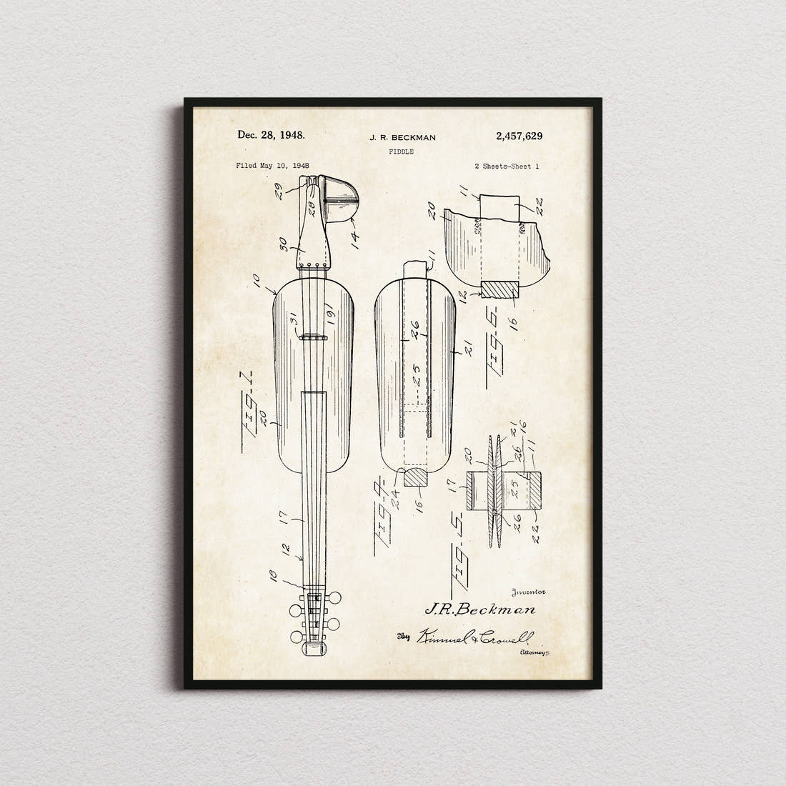 Fiddle Patent Print in the aged paper colourway, framed