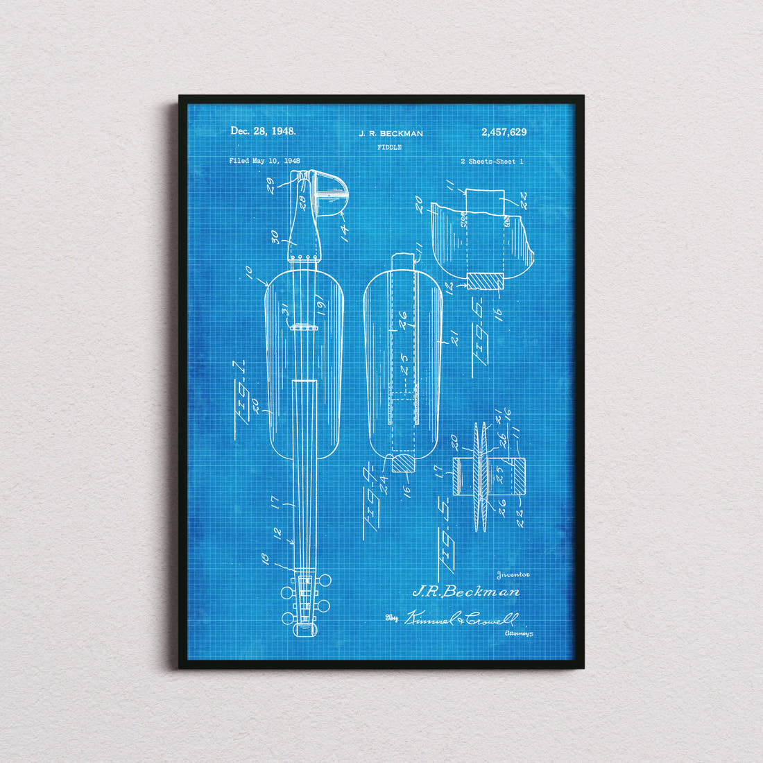 Fiddle Patent Print in the blueprint colourway, framed