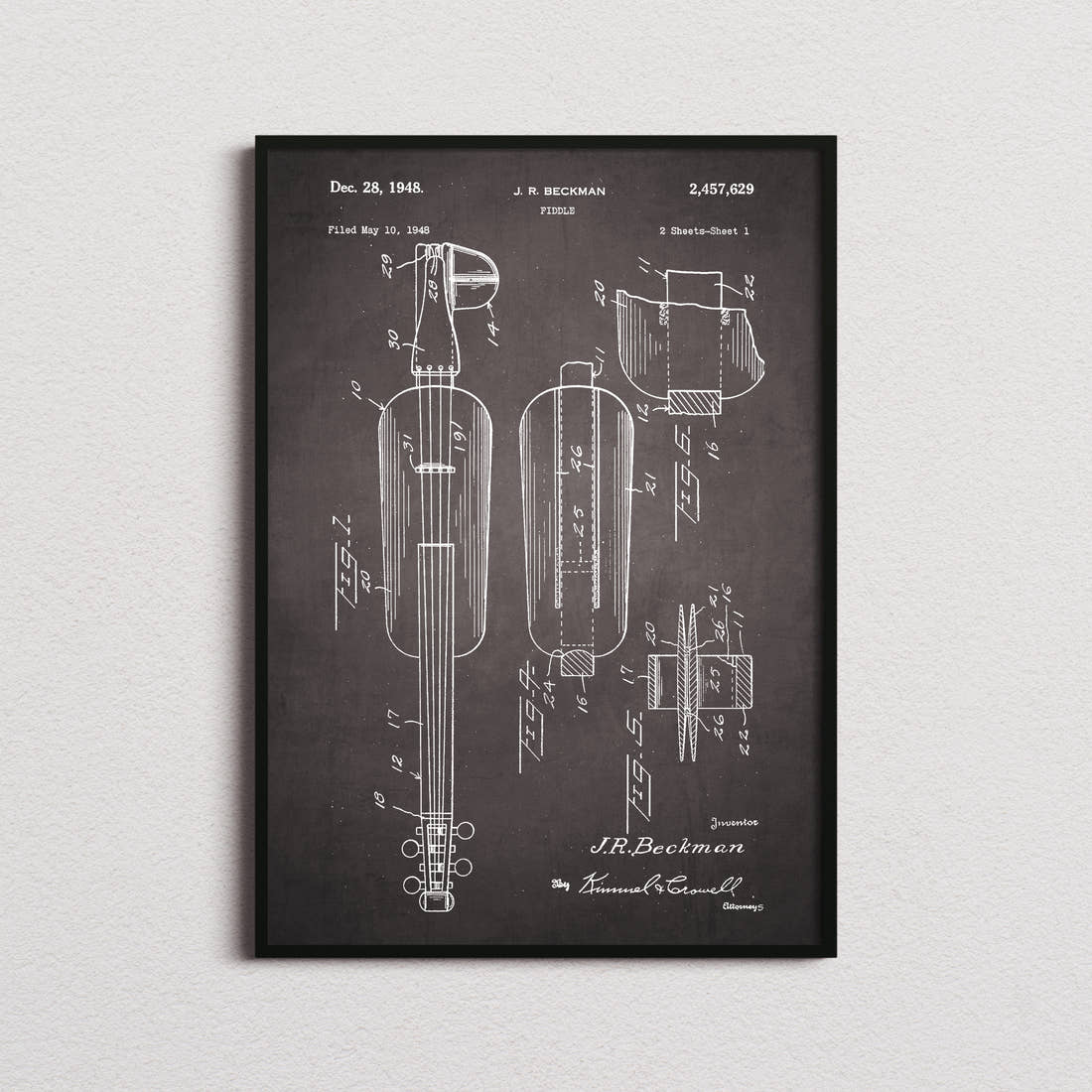 Fiddle Patent Print in the blackboard colourway, framed
