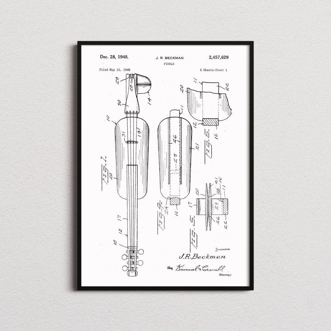 Fiddle Patent Print in the white colourway, framed