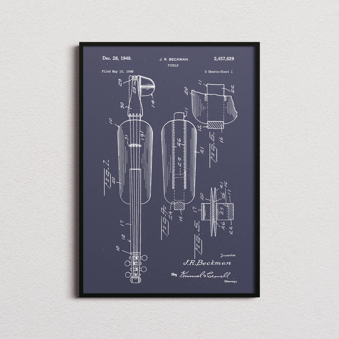 Fiddle Patent Print in the navy colourway, framed