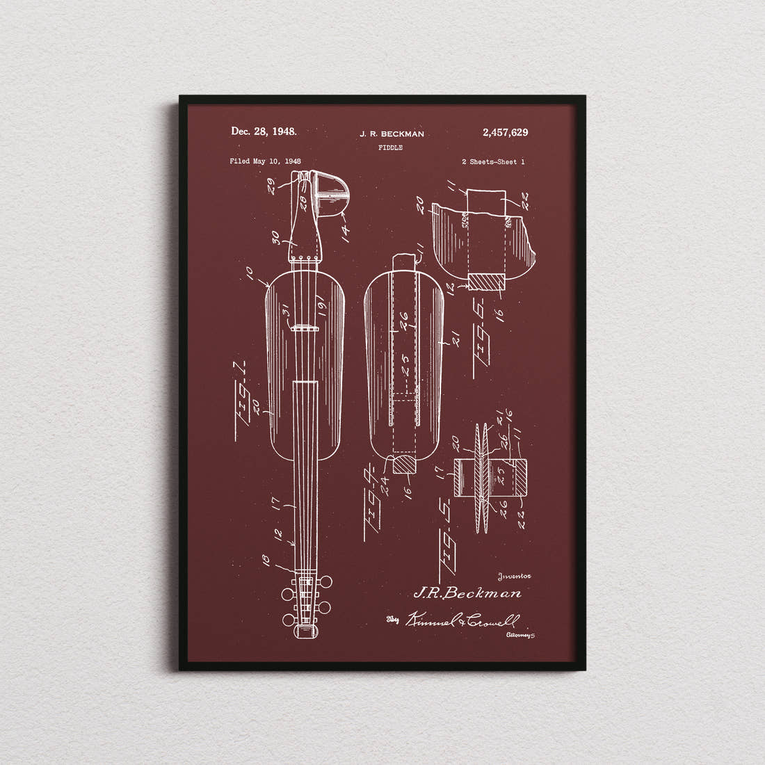 Fiddle Patent Print in the burgundy colourway, framed