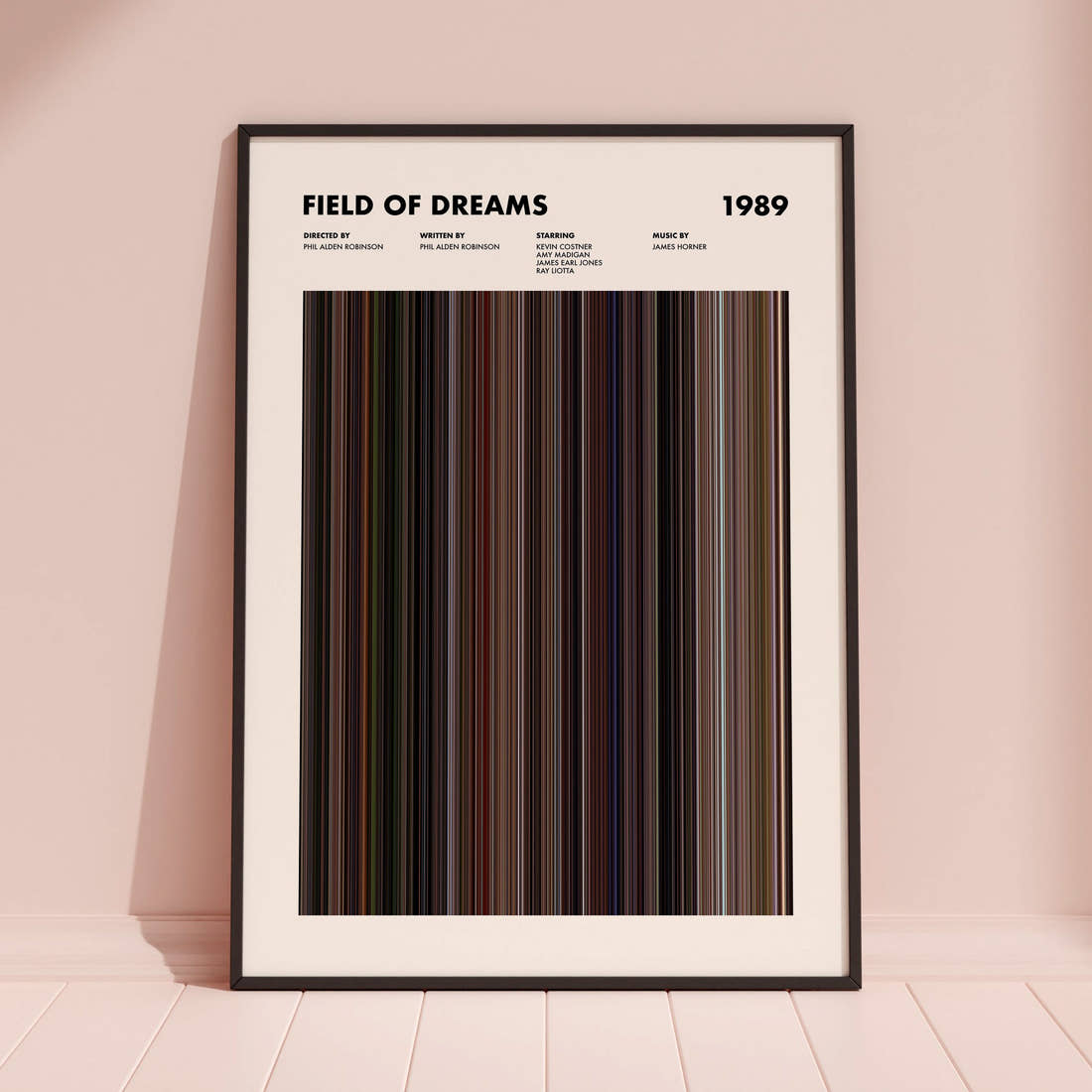 Field Of Dreams Movie Barcode Poster framed and leaning against a coloured wall