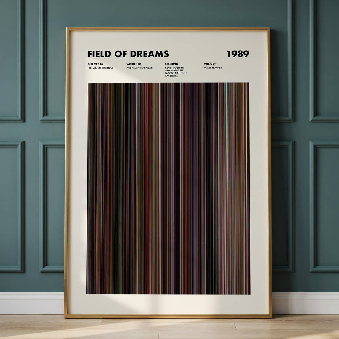 Field Of Dreams Movie Barcode Poster framed and leaning against a panelled wall