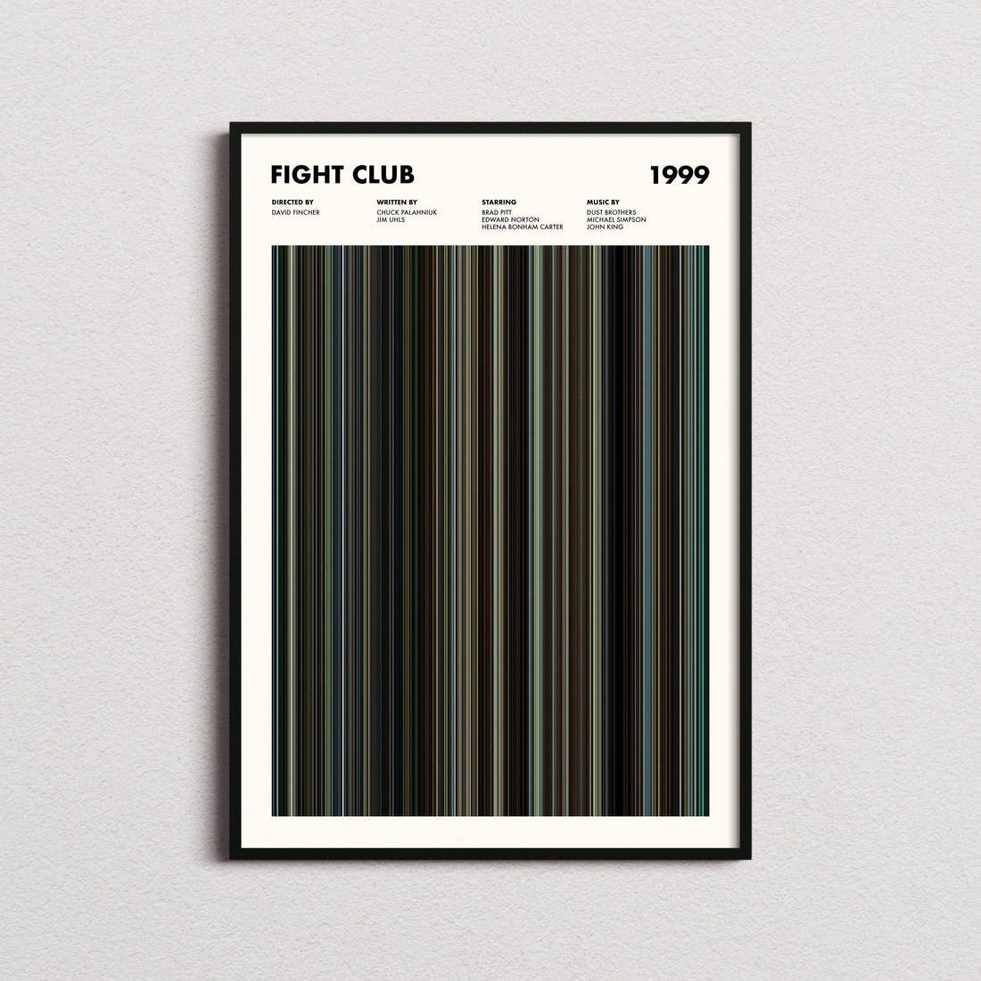 Fight Club Movie Barcode Poster framed on a plain studio wall