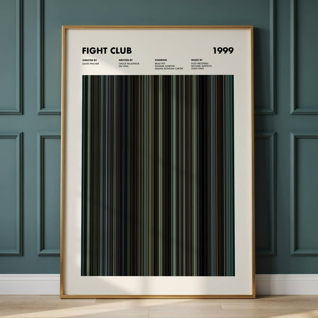 Fight Club Movie Barcode Poster framed and leaning against a panelled wall