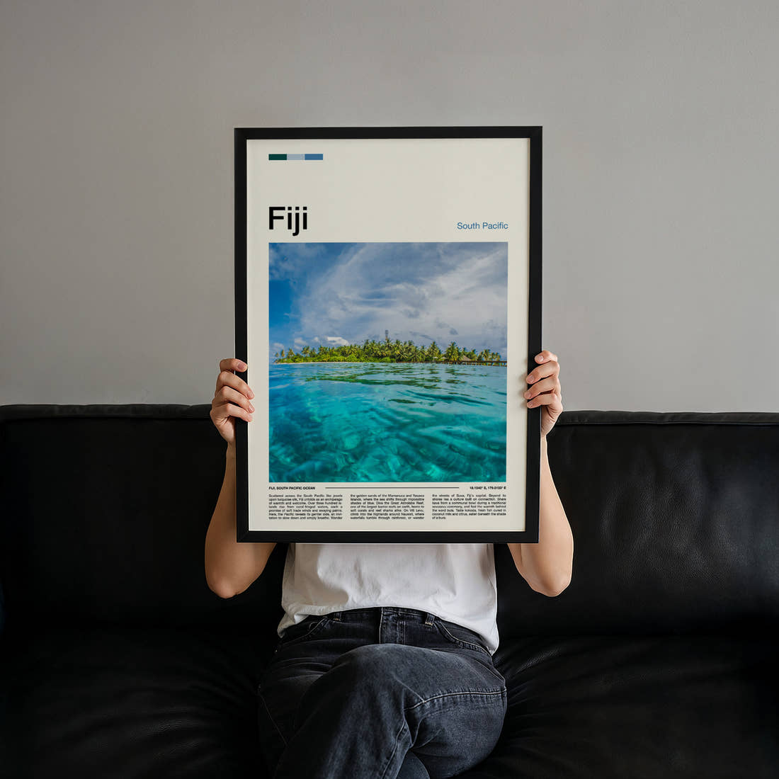 Fiji Split-Level Lagoon View Travel Print held up by hand to show the size of the print