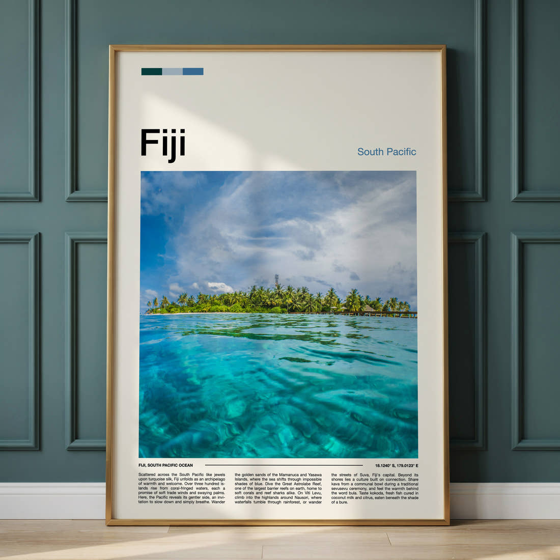 Fiji Split-Level Lagoon View Travel Print framed on the wall of a calm, neutral bedroom