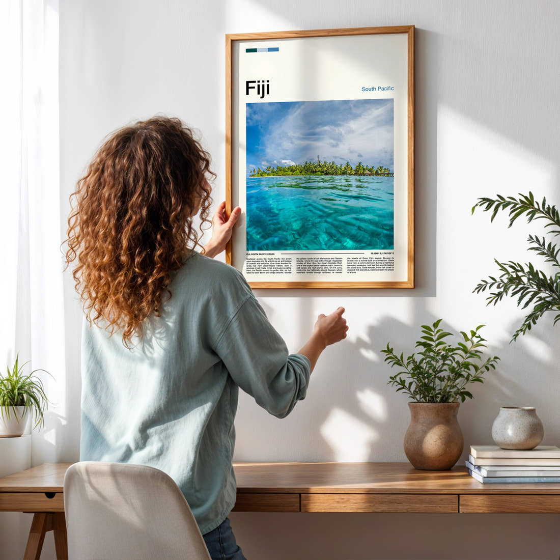 Fiji Split-Level Lagoon View Travel Print framed on a pale wall beside houseplants