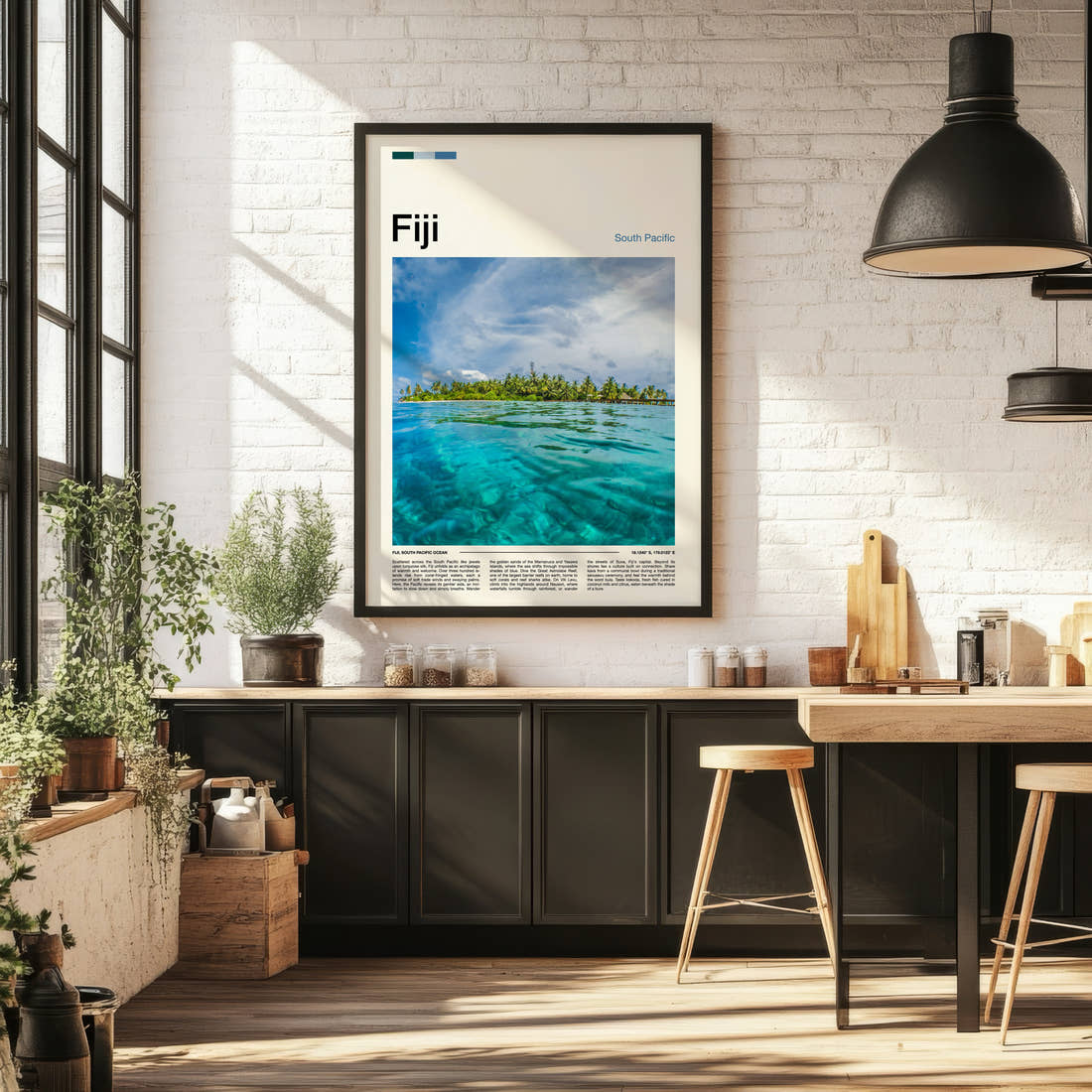 Fiji Split-Level Lagoon View Travel Print framed on the wall of a bright kitchen and dining space