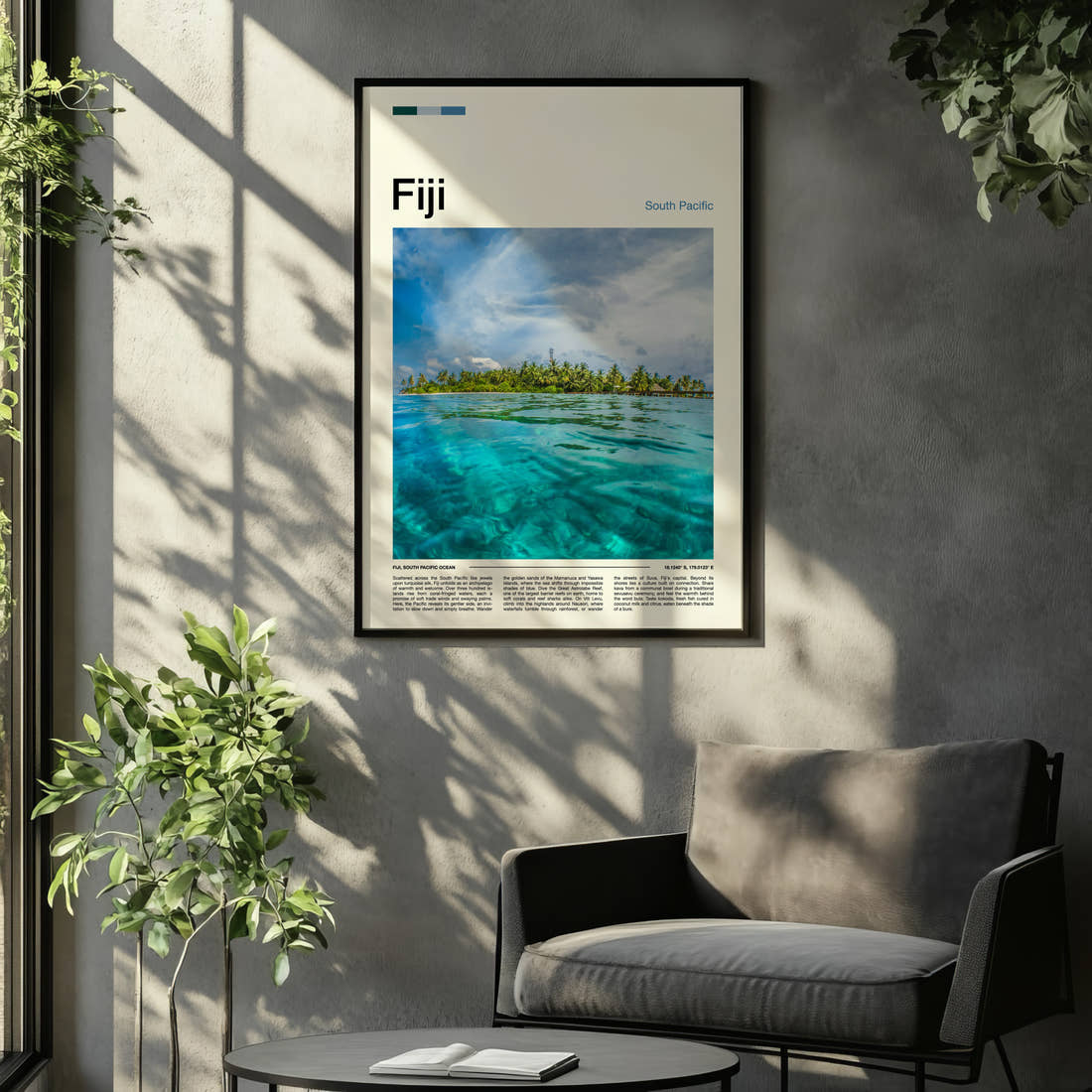 Fiji Split-Level Lagoon View Travel Print framed on the wall of a relaxed living room