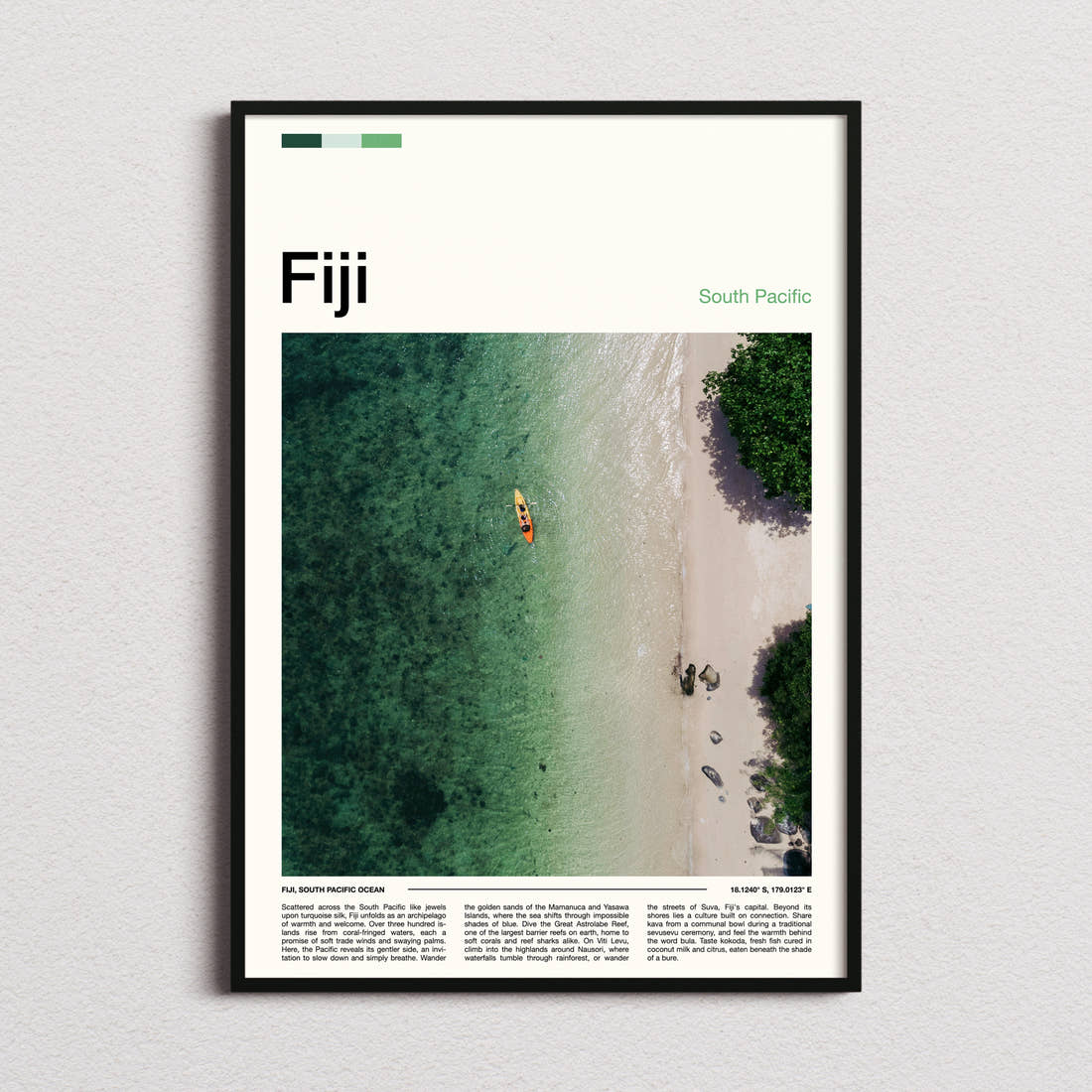 Fiji Turquoise Lagoon From Above Travel Print framed and photographed straight on