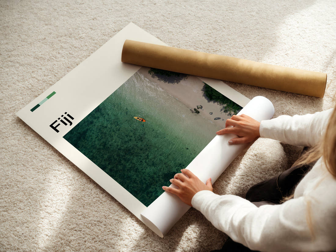 Fiji Turquoise Lagoon From Above Travel Print being unrolled from its postal tube