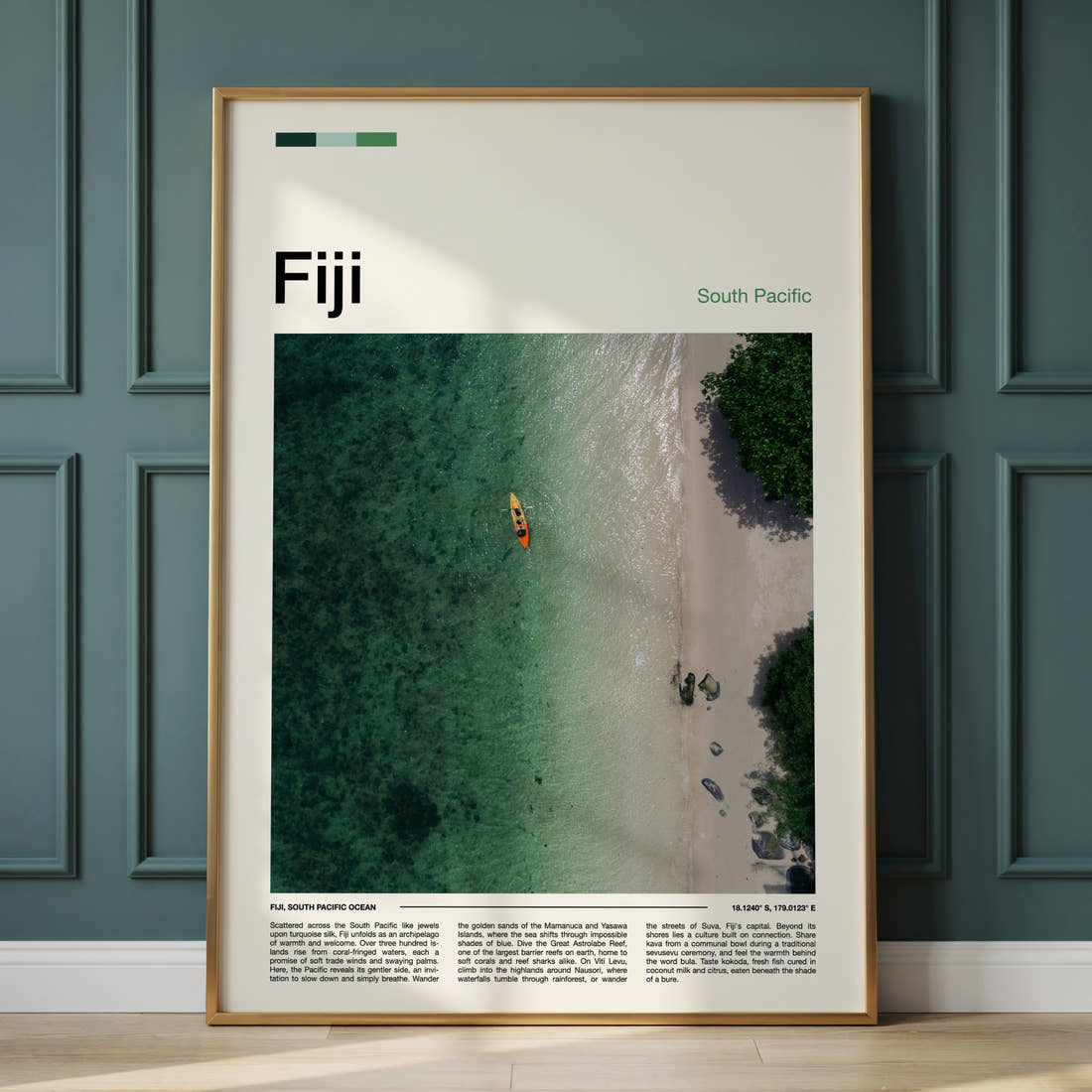 Fiji Turquoise Lagoon From Above Travel Print framed on the wall of a calm, neutral bedroom