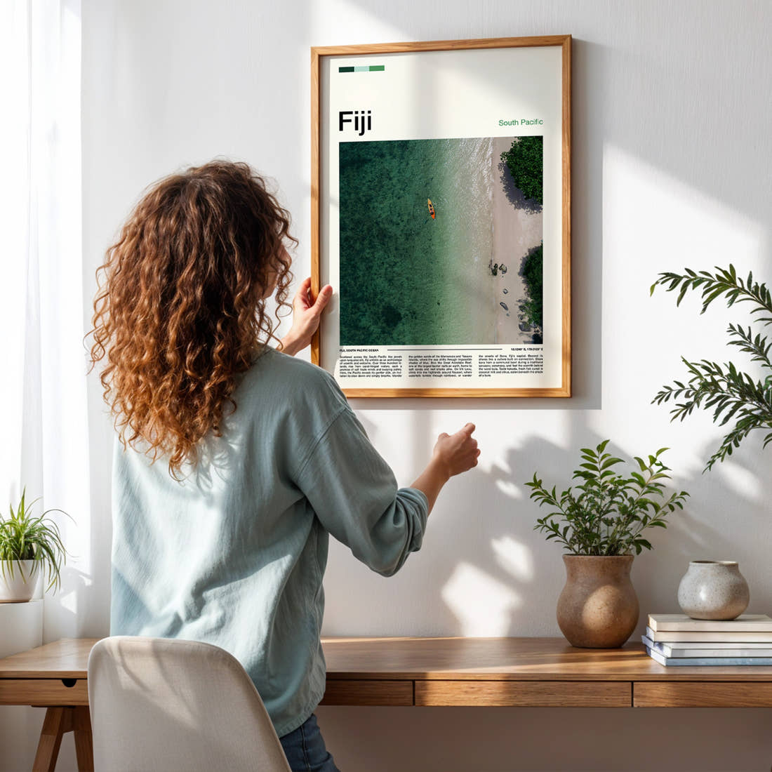 Fiji Turquoise Lagoon From Above Travel Print framed on a pale wall beside houseplants