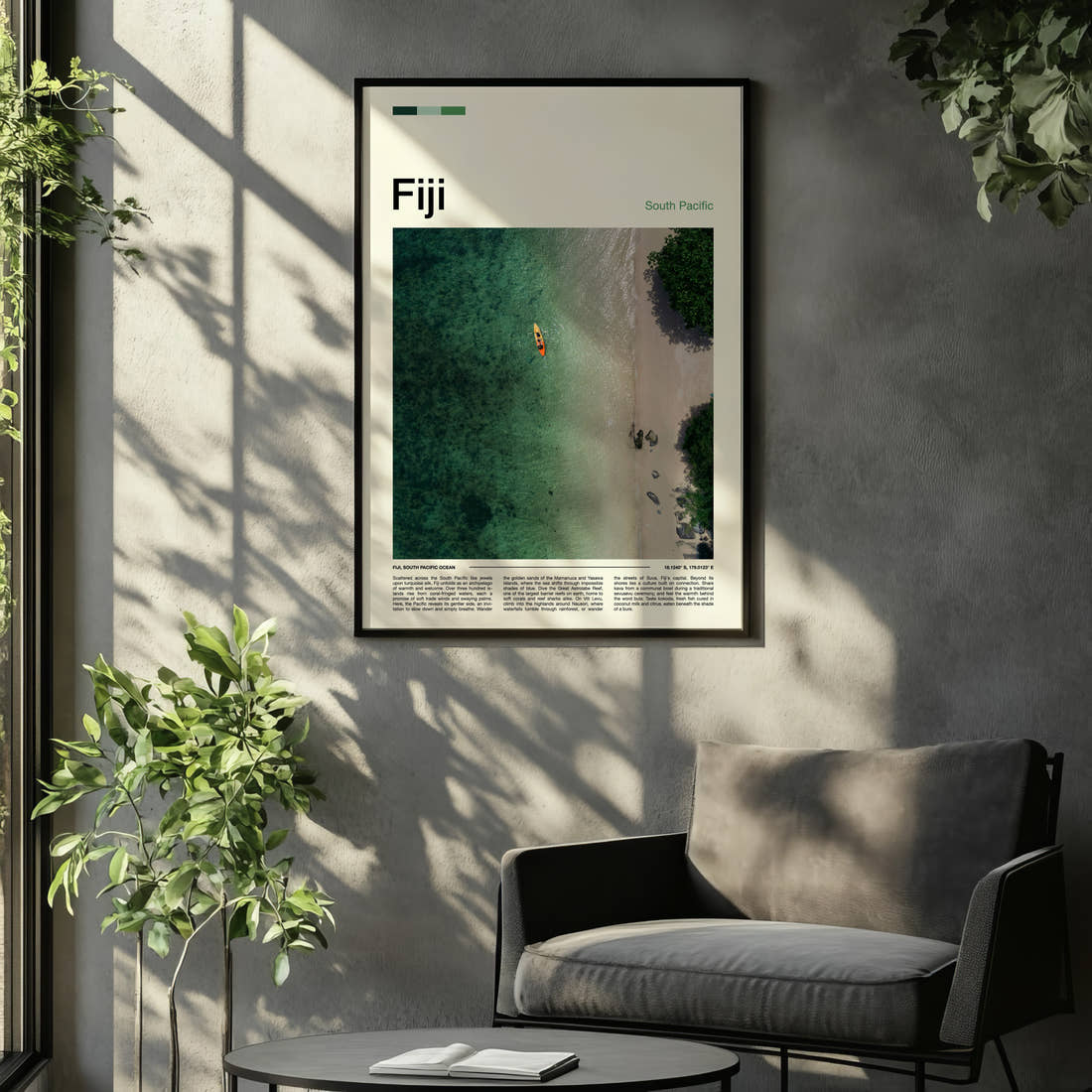 Fiji Turquoise Lagoon From Above Travel Print framed on the wall of a relaxed living room