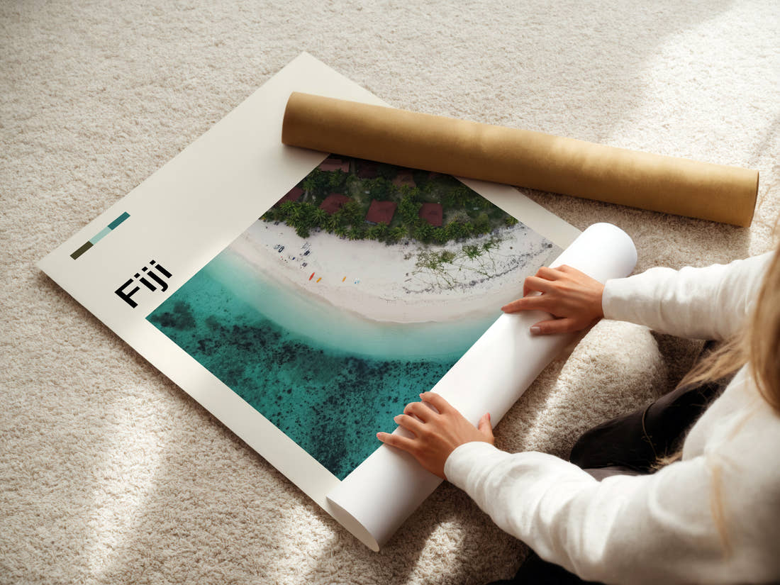 Fiji Aerial Beach View Travel Print being unrolled from its postal tube