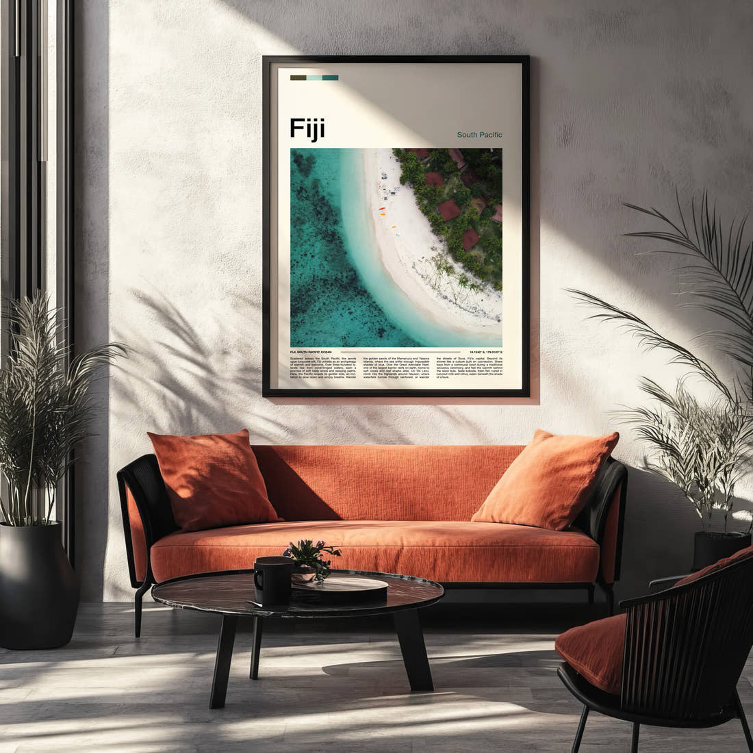 Fiji Aerial Beach View Travel Print framed on the wall of a modern living room