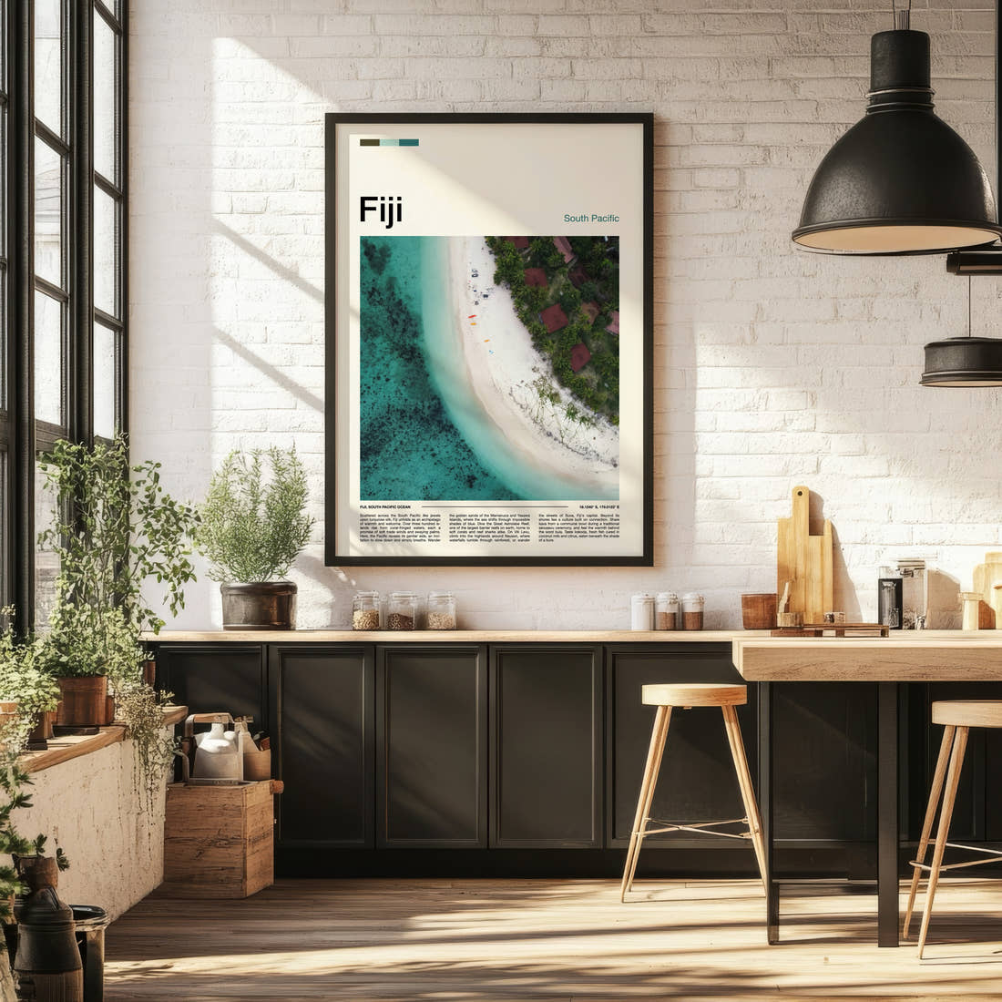 Fiji Aerial Beach View Travel Print framed on the wall of a bright kitchen and dining space
