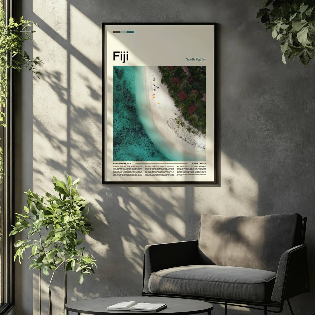 Fiji Aerial Beach View Travel Print framed on the wall of a relaxed living room