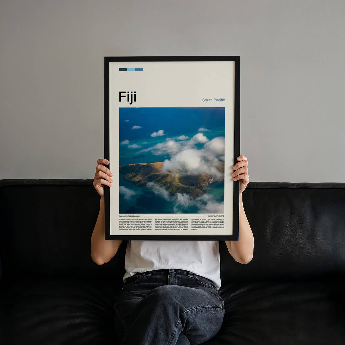 Fiji Cloud-Wreathed Island Travel Print held up by hand to show the size of the print