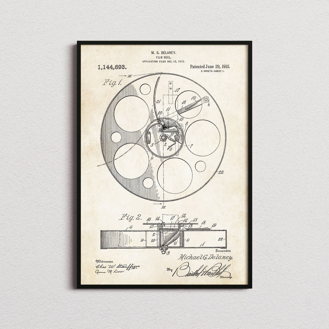 Film Reel Patent Print in the aged paper colourway, framed