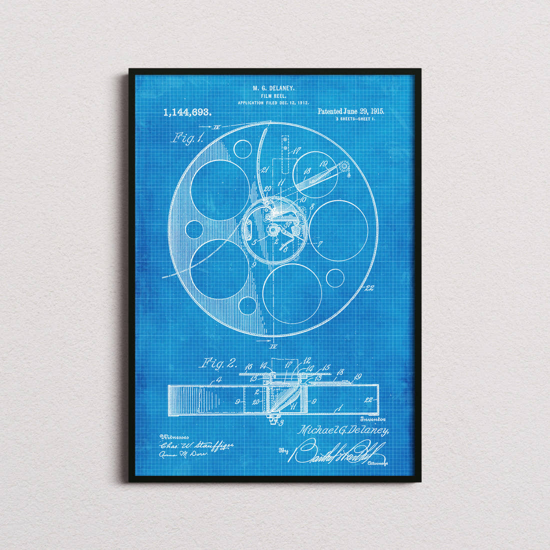Film Reel Patent Print in the blueprint colourway, framed