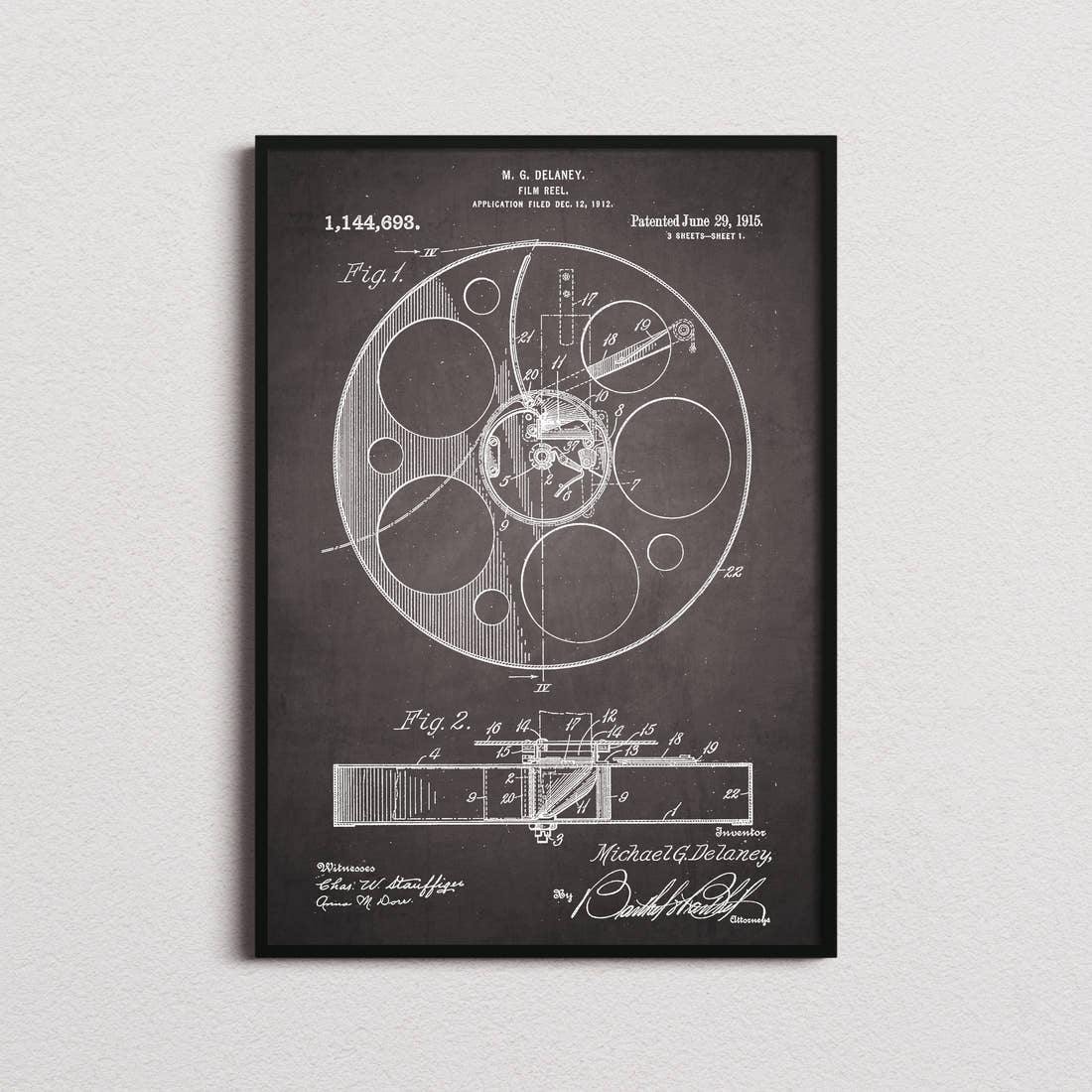 Film Reel Patent Print in the blackboard colourway, framed