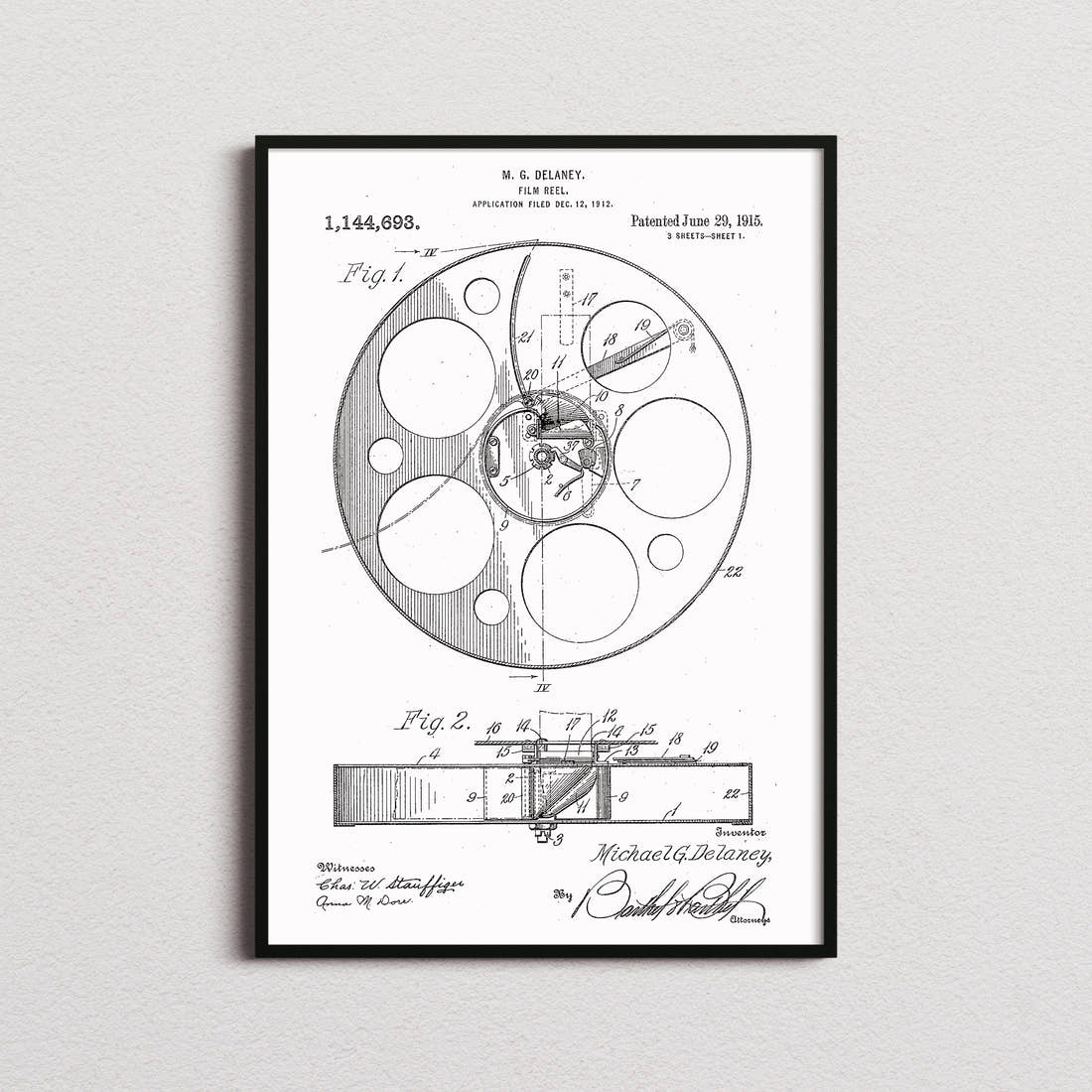 Film Reel Patent Print in the white colourway, framed