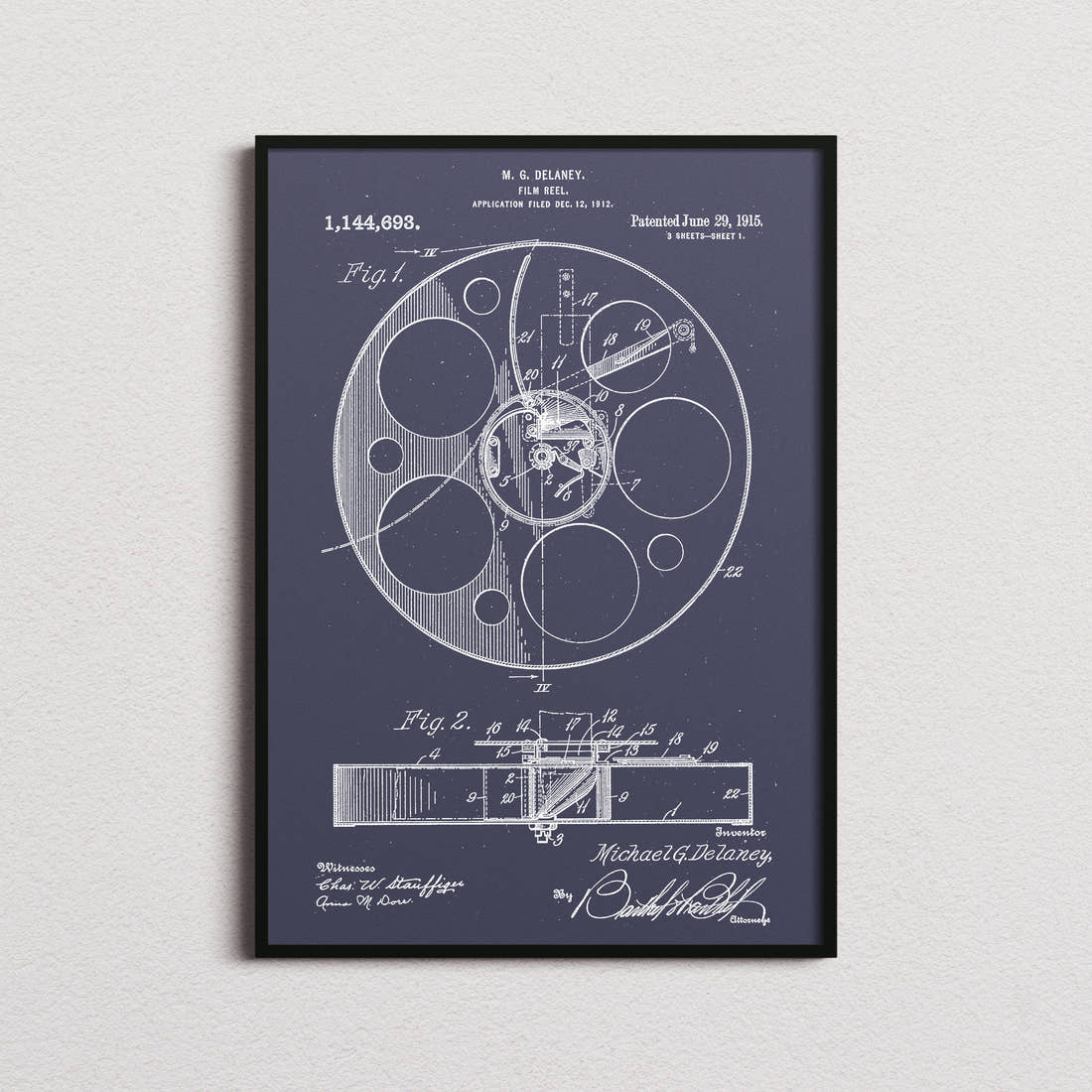 Film Reel Patent Print in the navy colourway, framed