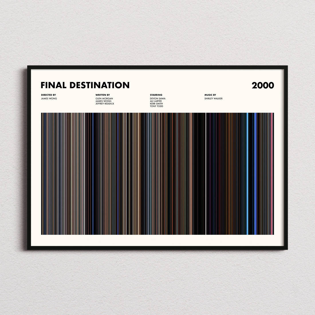 Final Destination Movie Barcode Poster framed and photographed straight on