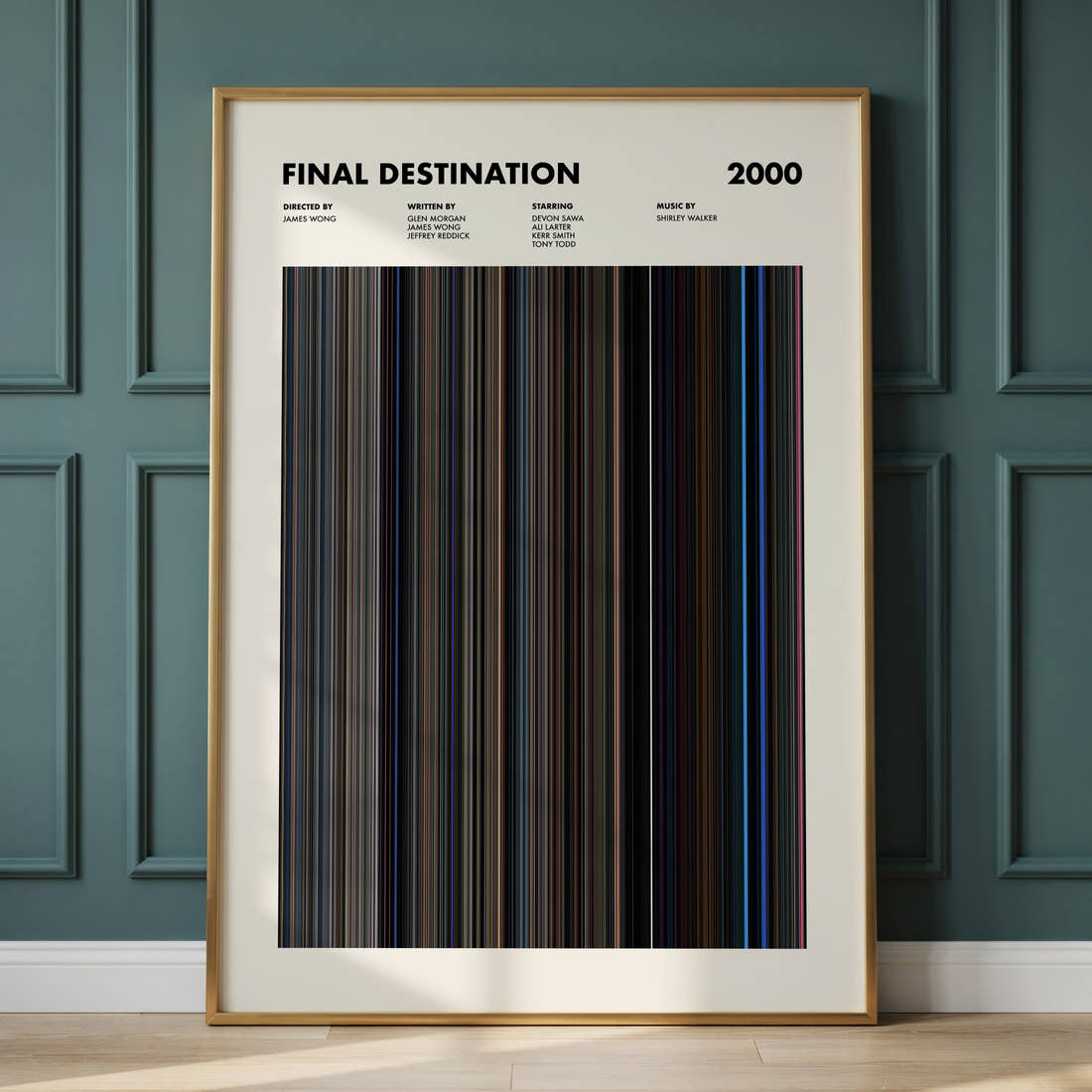 Final Destination Movie Barcode Poster framed and leaning against a panelled wall