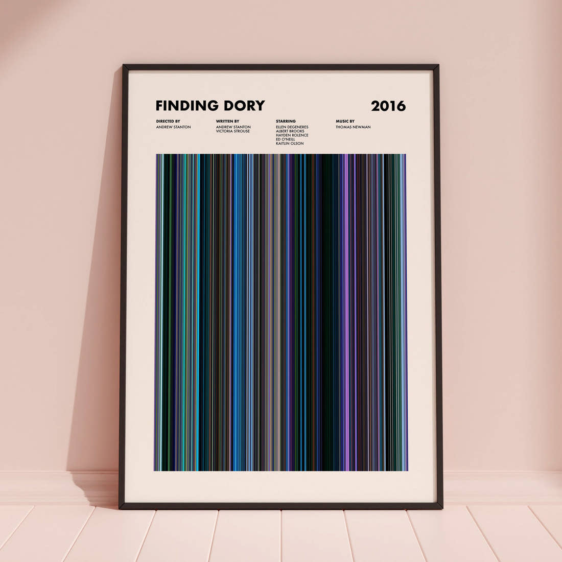 Finding Dory Movie Barcode Poster framed and leaning against a coloured wall