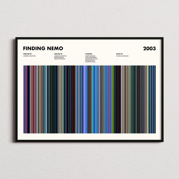 Finding Nemo Movie Barcode Poster framed and photographed straight on