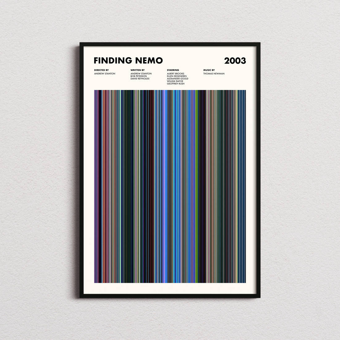 Finding Nemo Movie Barcode Poster framed on a plain studio wall