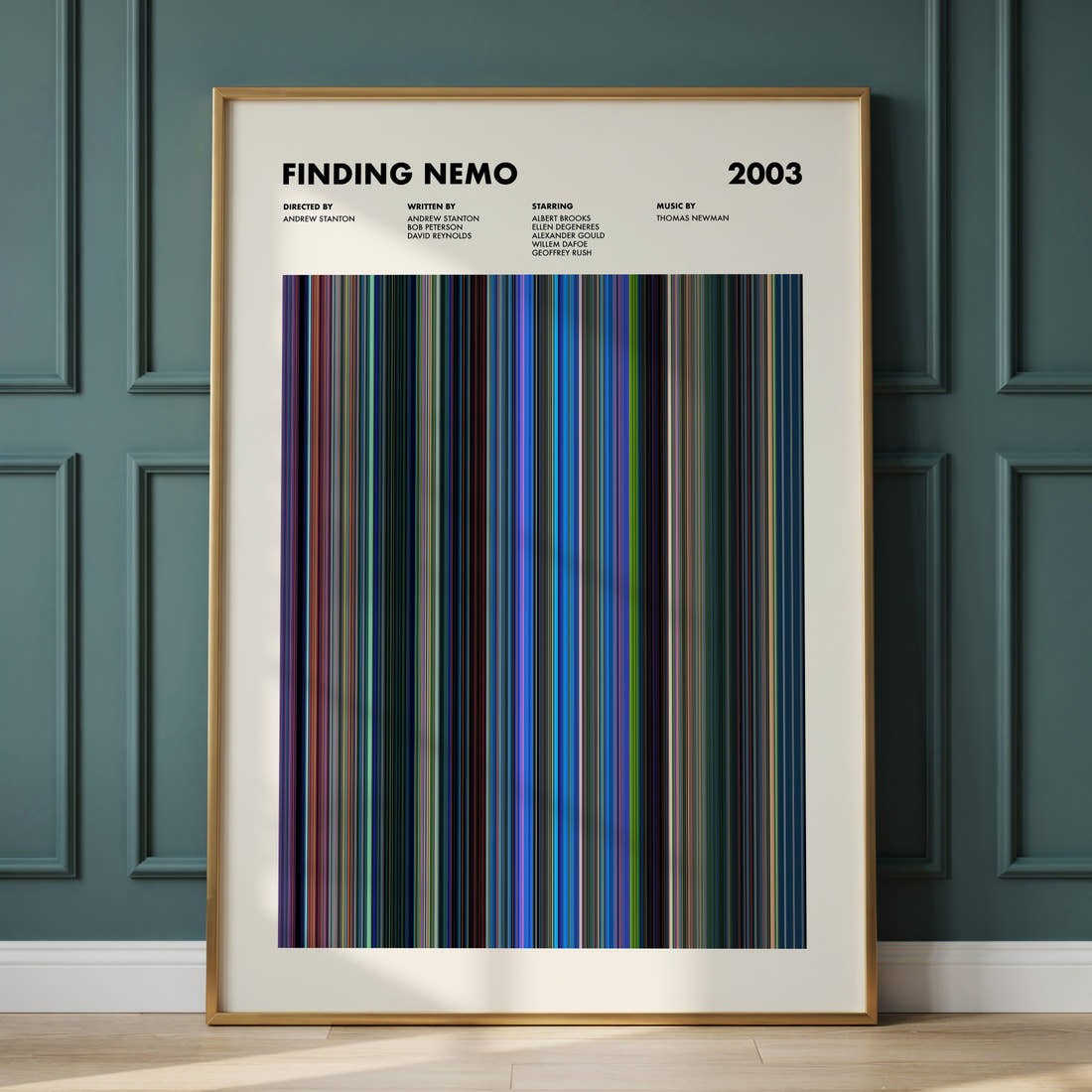 Finding Nemo Movie Barcode Poster framed and leaning against a panelled wall