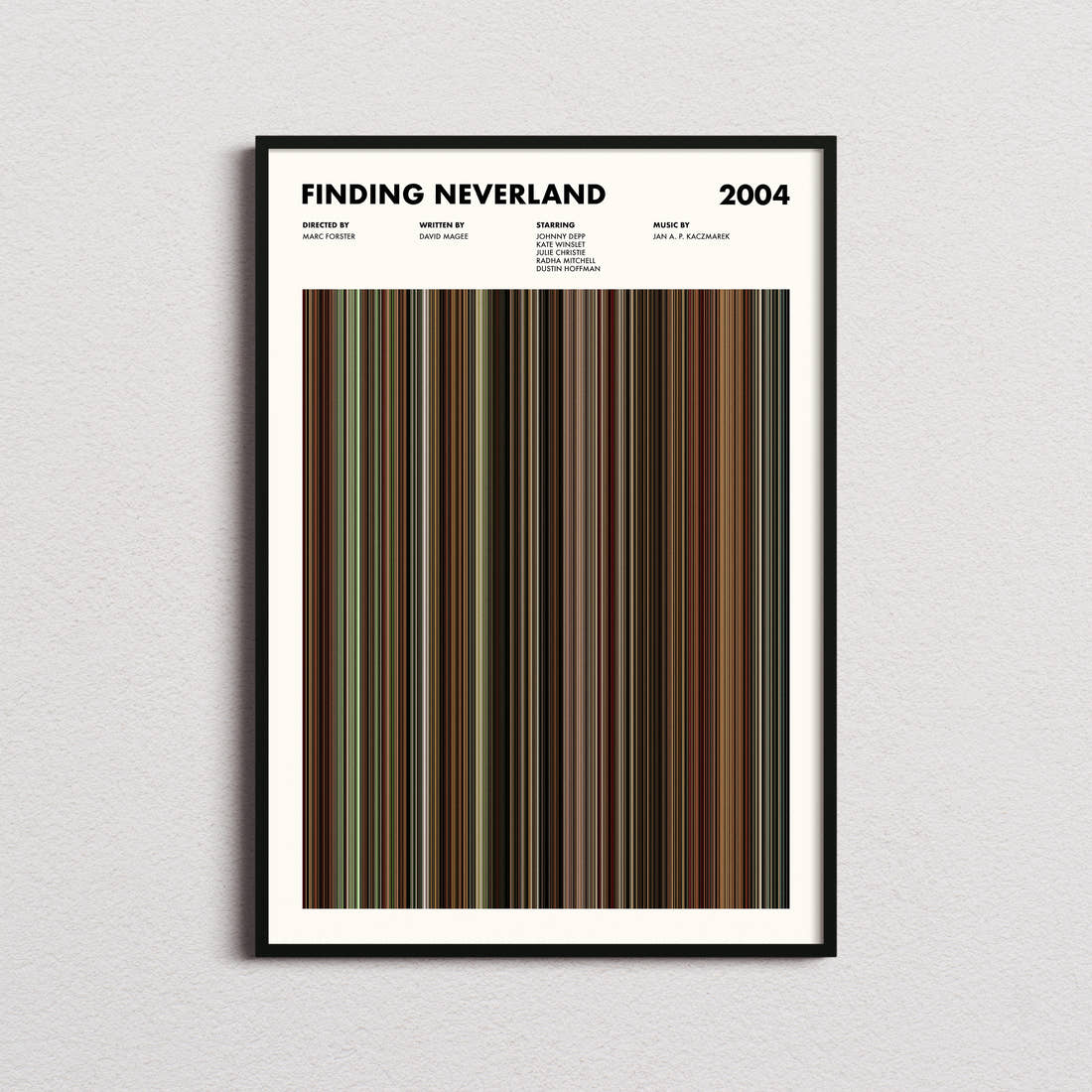 Finding Neverland Movie Barcode Poster framed on a plain studio wall