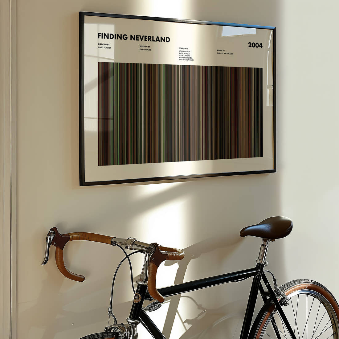 Finding Neverland Movie Barcode Poster framed on the wall of a styled room setting