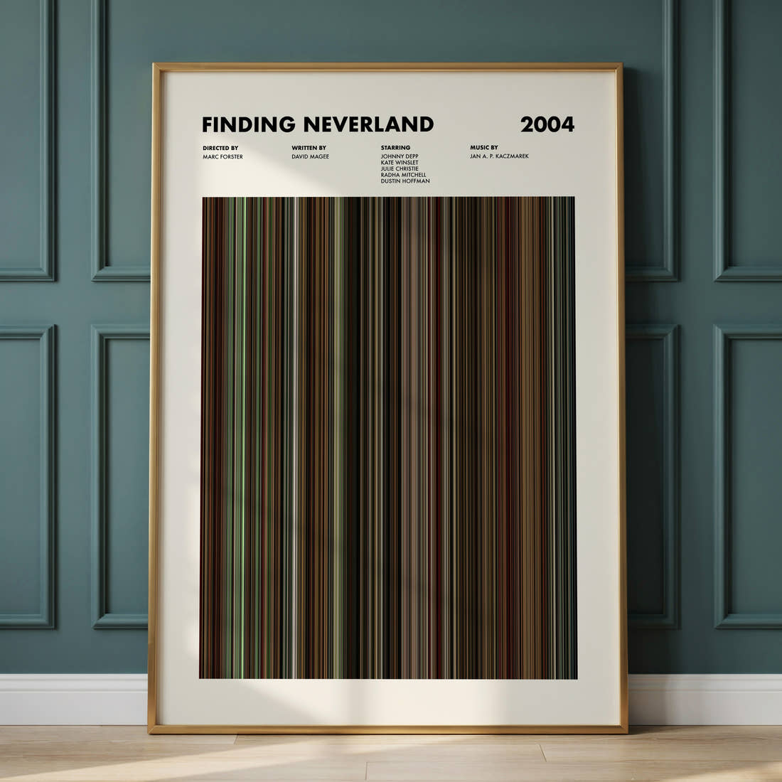 Finding Neverland Movie Barcode Poster framed and leaning against a panelled wall