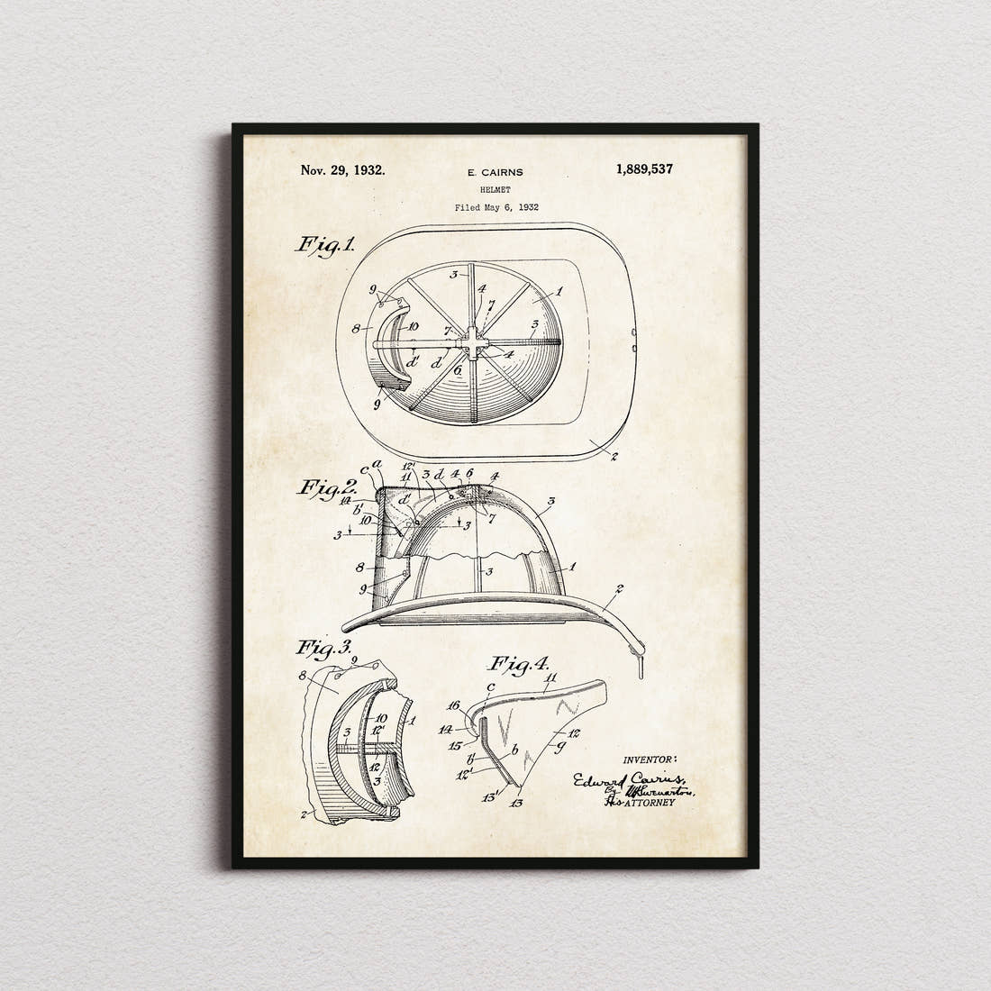 Fire Helmet Patent Print in the aged paper colourway, framed