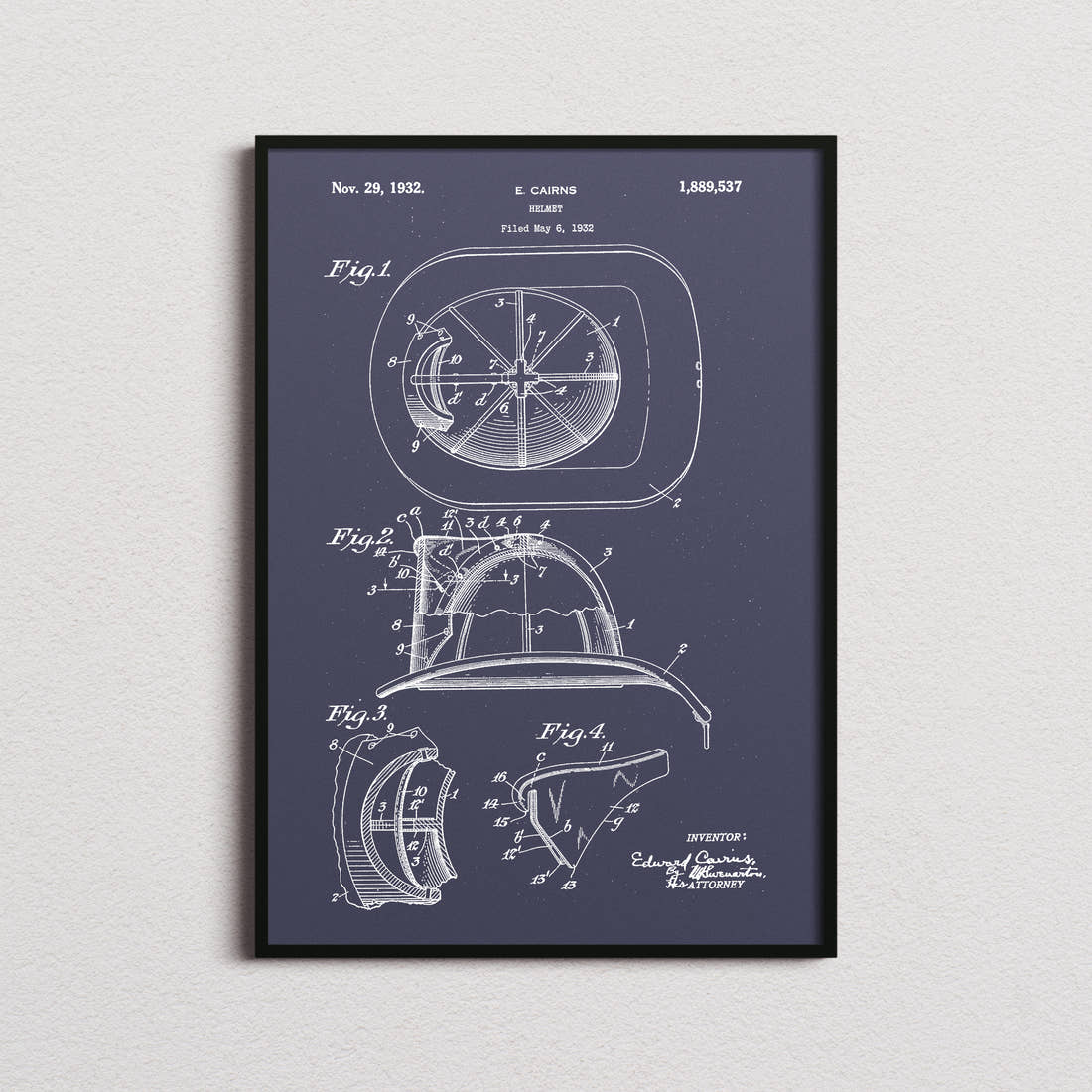 Fire Helmet Patent Print in the navy colourway, framed