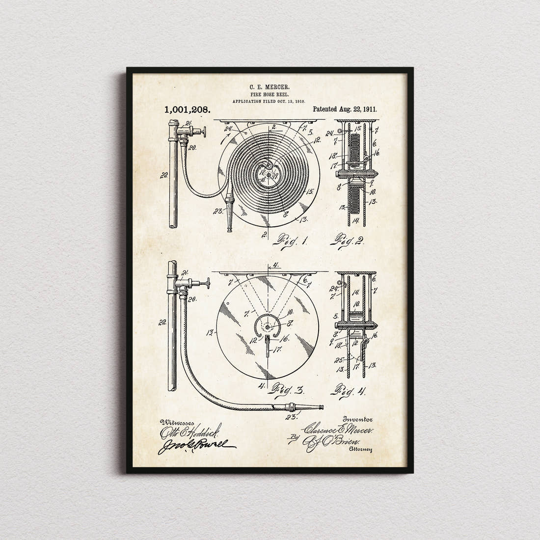 Fire Hose Reel Patent Print in the aged paper colourway, framed
