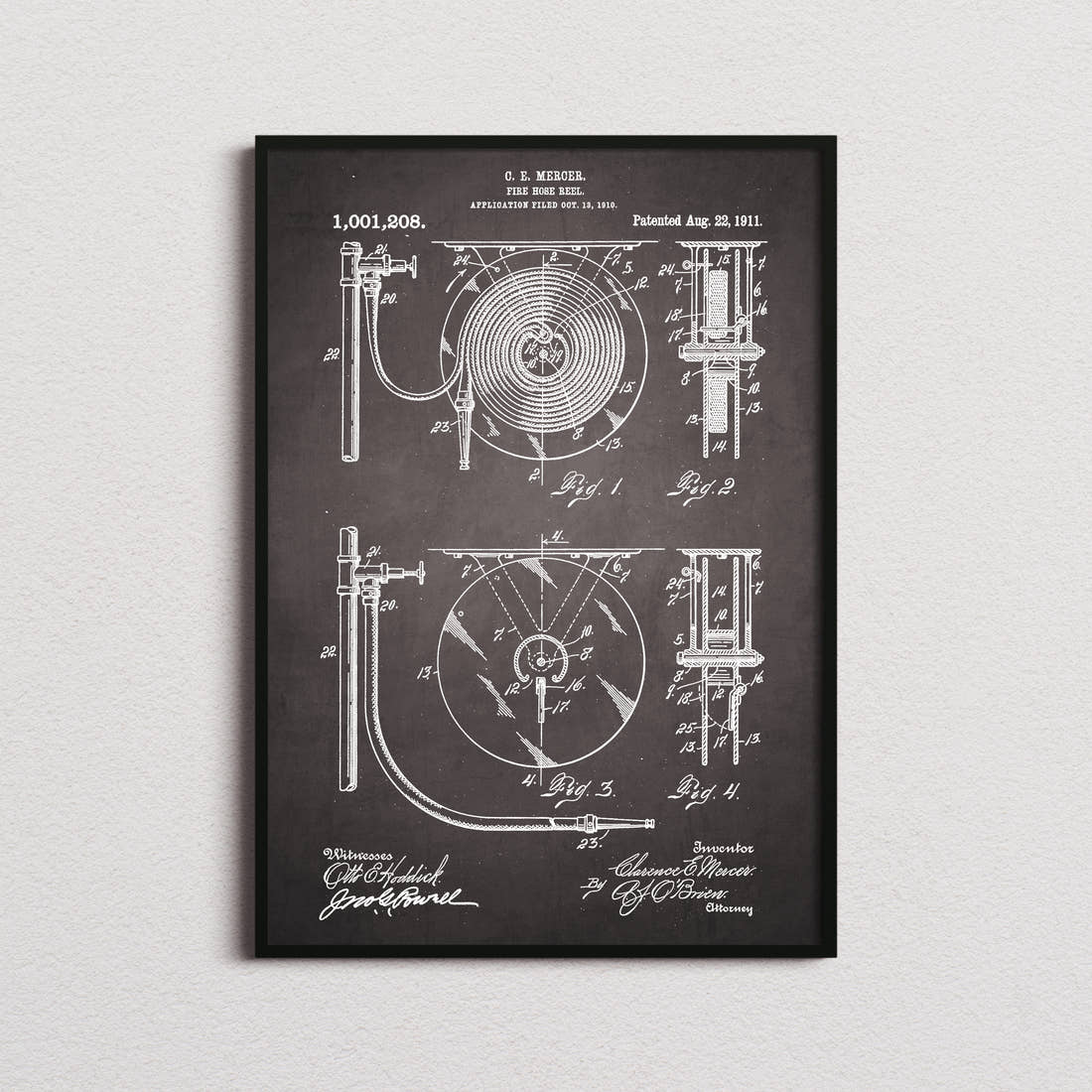 Fire Hose Reel Patent Print in the blackboard colourway, framed
