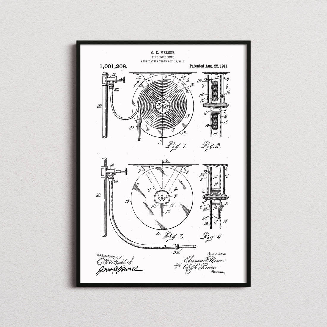 Fire Hose Reel Patent Print in the white colourway, framed