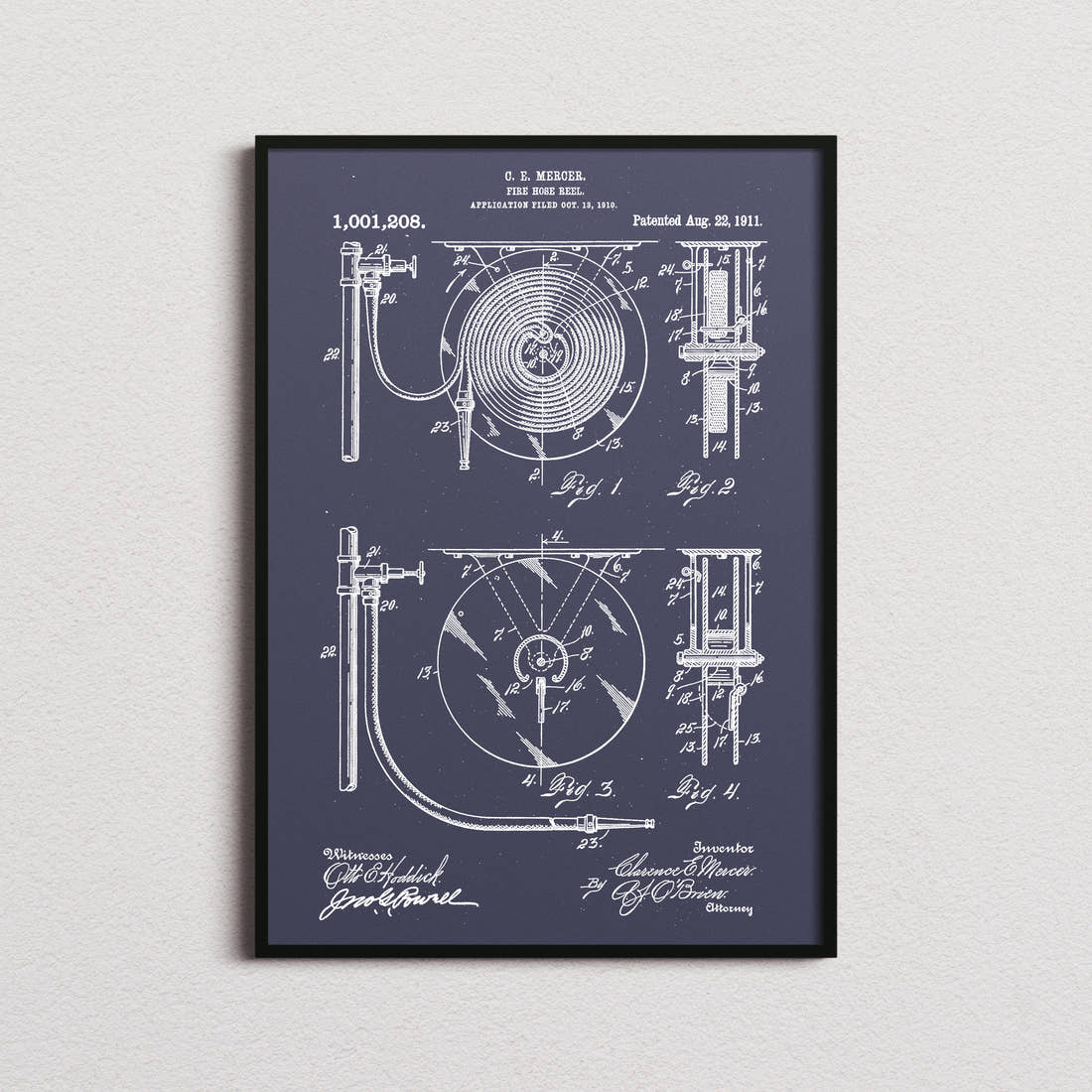 Fire Hose Reel Patent Print in the navy colourway, framed